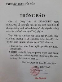 Tiếp tục cho HS nghỉ học đến hết ngày 29/02/2020