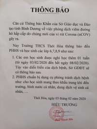 THỐNG BÁO KHẨN VỀ VIỆC CHO HỌC SINH NGHỈ HỌC