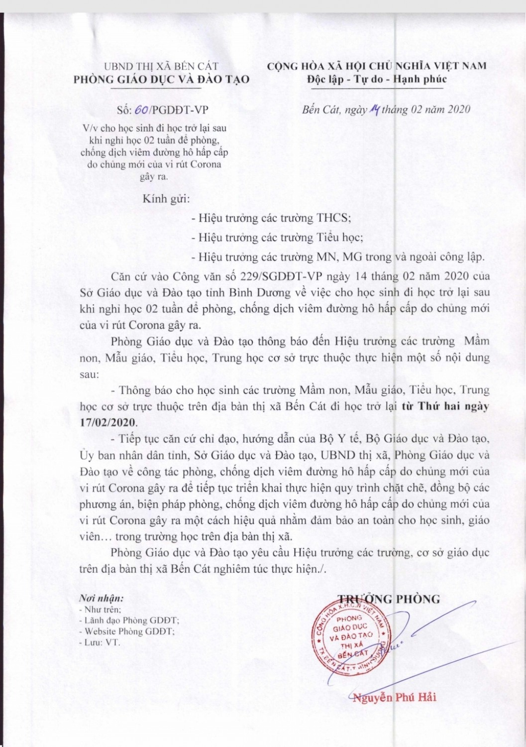 Học sinh học lại từ ngày 17/02/2020