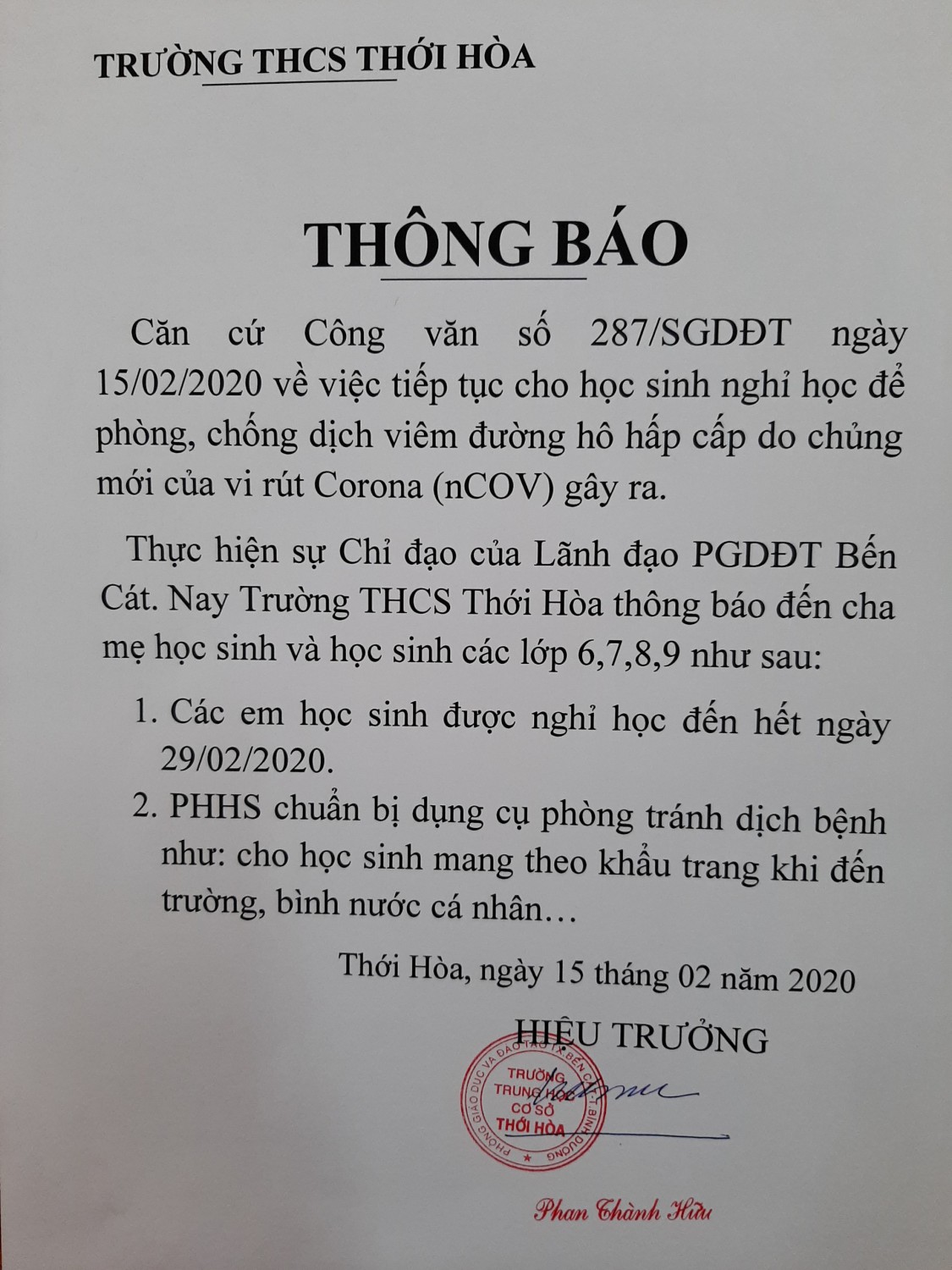 Tiếp tục cho HS nghỉ học đến hết ngày 29/02/2020