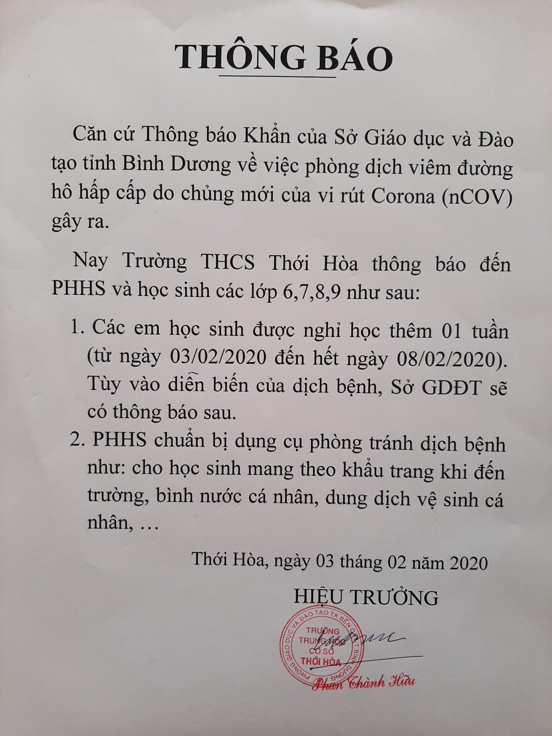 THỐNG BÁO KHẨN VỀ VIỆC CHO HỌC SINH NGHỈ HỌC