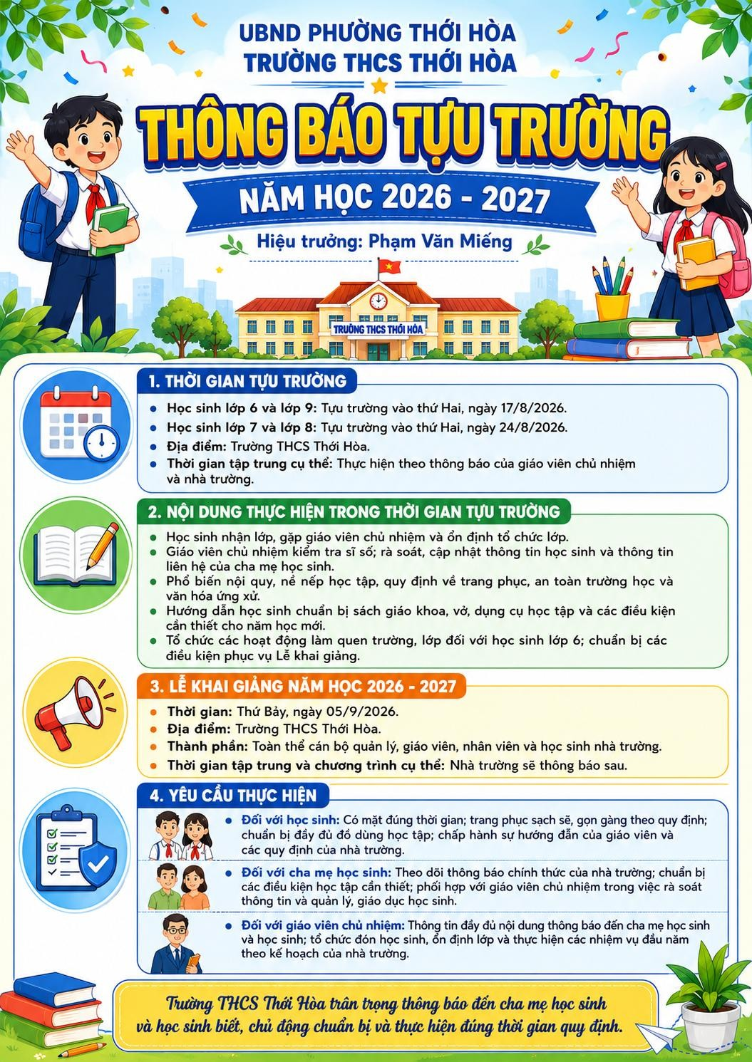 THÔNG BÁO DANH SÁCH HỌC SINH CÁC LỚP VÀ LỊCH TỰU TRƯỜNG NĂM HỌC 2026-2027
